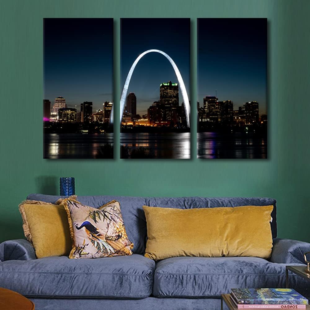 St. Louis Gateway Arch at Night Canvas Prints Missouri Cityscape Painting Pictures City Skyline Modern Canvas Wall