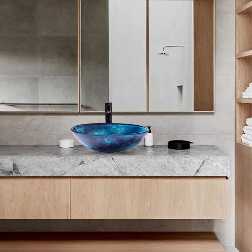 Vessel Sink 16.5" Bathroom Sinks Tempered Glass Blue Art Basin Round Bowl with Faucet Combo Blue,Modern Countertop