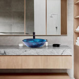 Vessel Sink 16.5" Bathroom Sinks Tempered Glass Blue Art Basin Round Bowl with Faucet Combo Blue,Modern Countertop