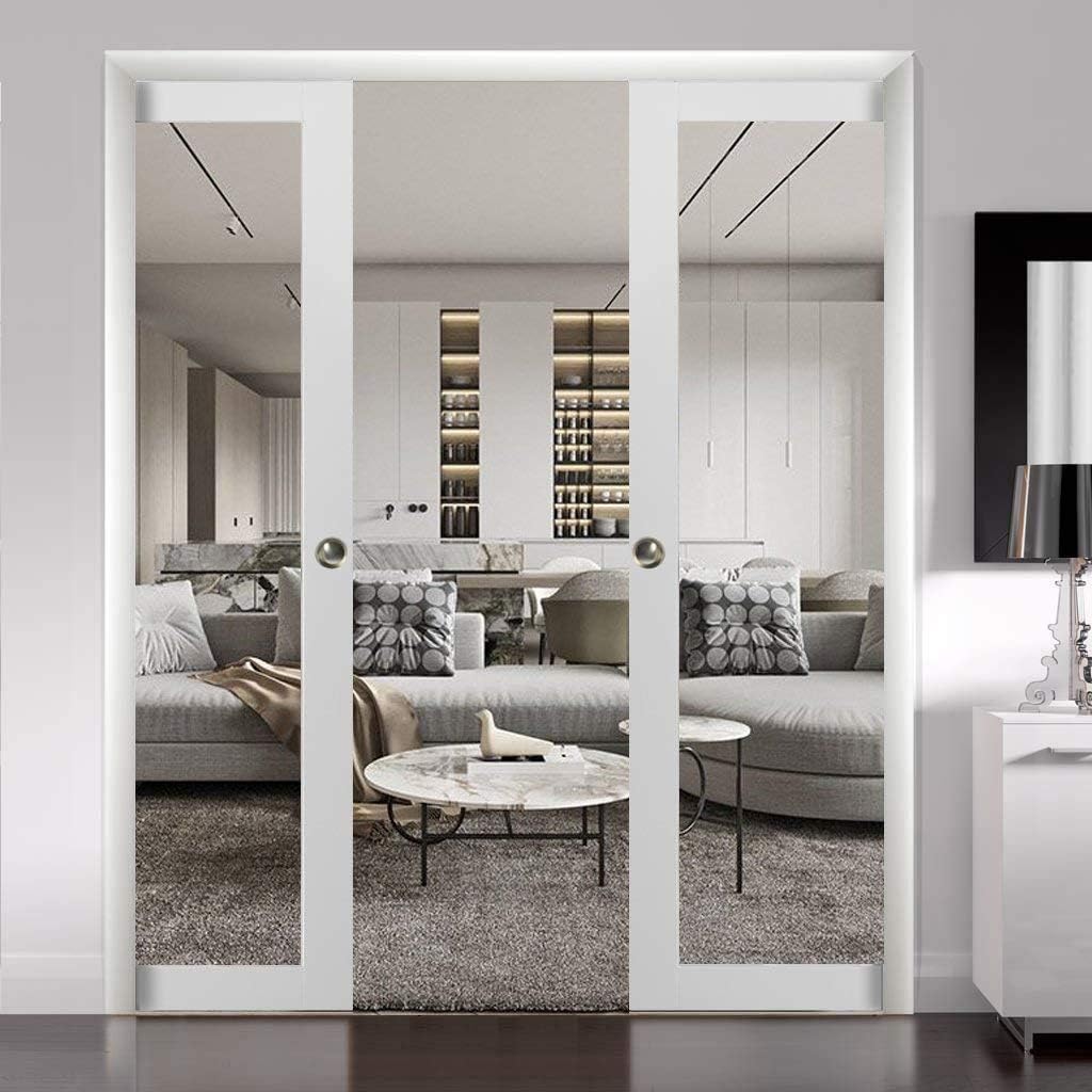 Sliding French Double Pocket Doors 64 x 80 inches Clear Glass | Lucia 2166 White Silk | Kit Trims Ra