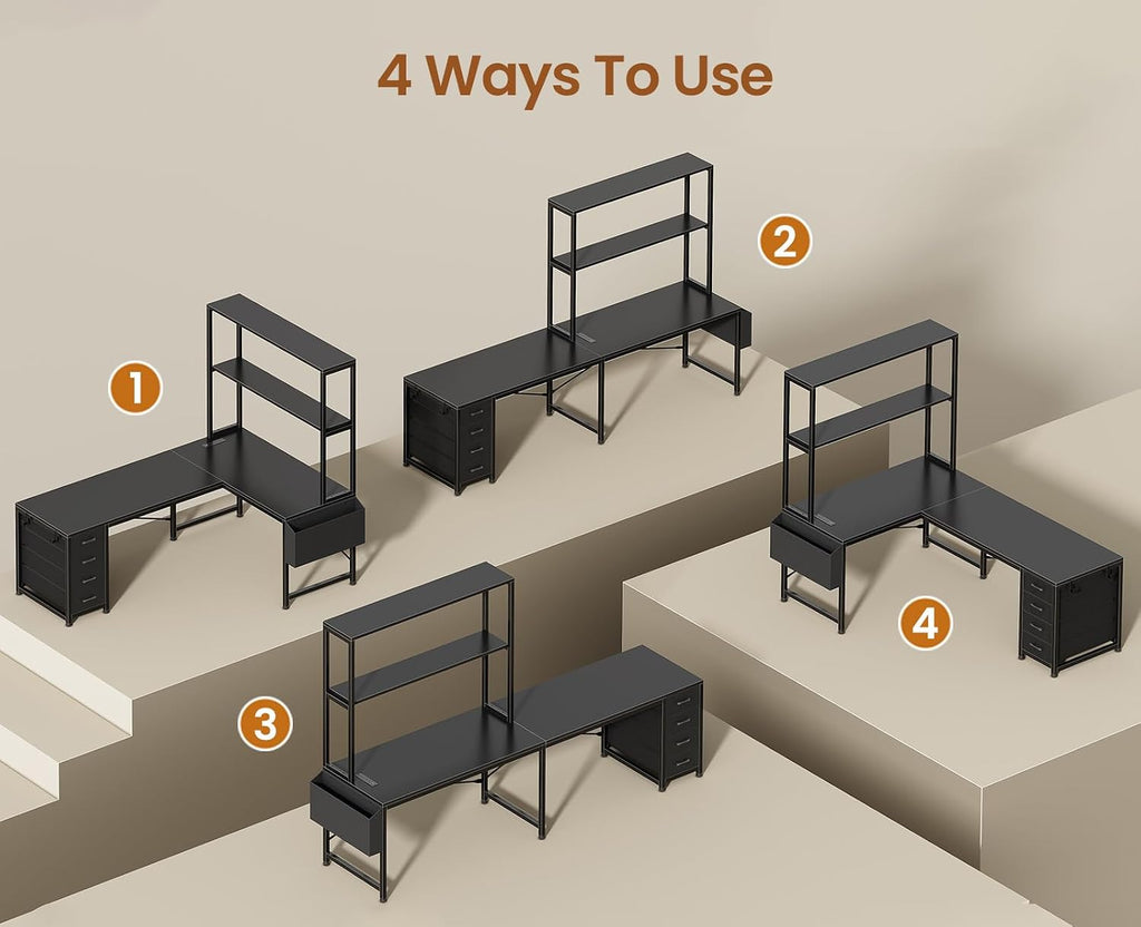 L Shaped Gaming Desk, 51.2" Reversible Small Corner Desk with 4 Drawer, Power Outlet & LED Lights, Home Office Desk