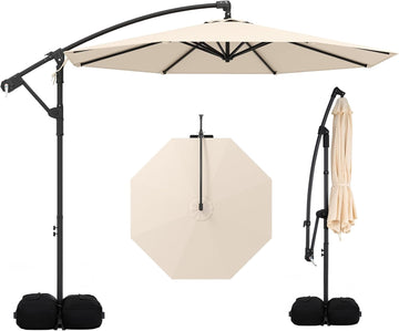 10ft Patio Umbrella with Base Included, Offset Cantilever Outdoor Umbrella with 360 Degree Rotation, Crank Handle