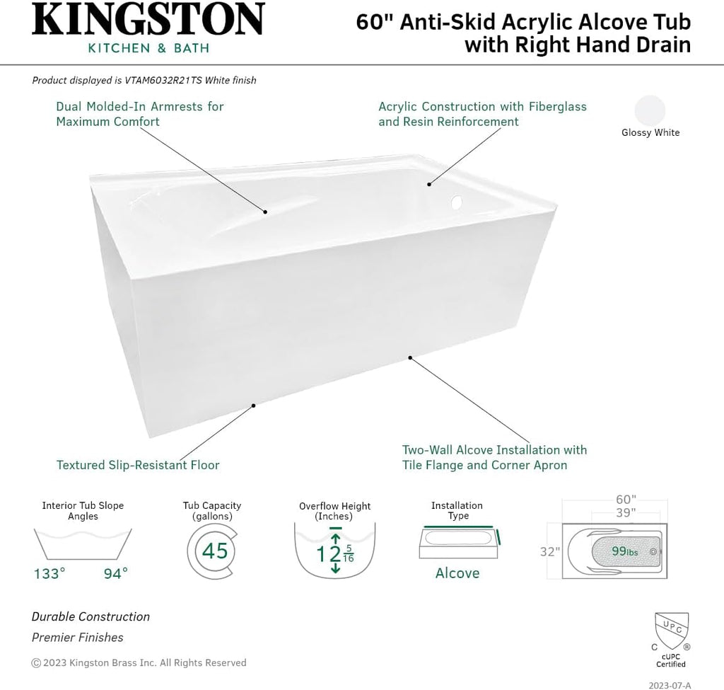VTAM6032R21TS 60-Inch Acrylic 2-Wall Corner Alcove Tub with Right Hand Drain, White