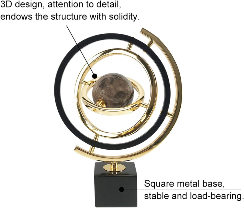 Modern Abstract Art Decoration Metal Globe Ornament Sculpture Decor with Rectangle Stand Black & Gold