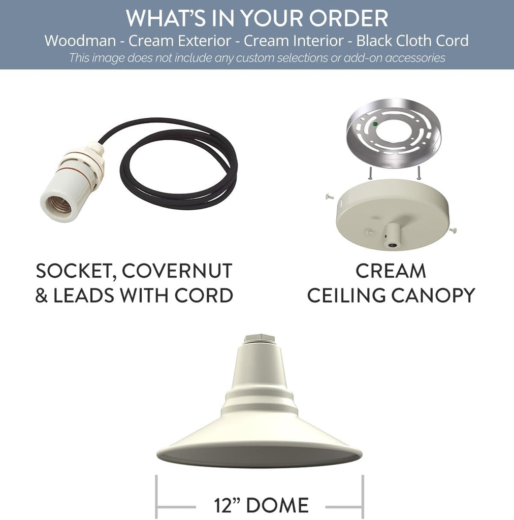 Woodman Farmhouse Pendant | Outdoor Ceiling Mounted | 12 inch Dome | 4' Black Cloth Cord| Kitchen Steel Light Made in America| Cream Exterior/Cream Interior