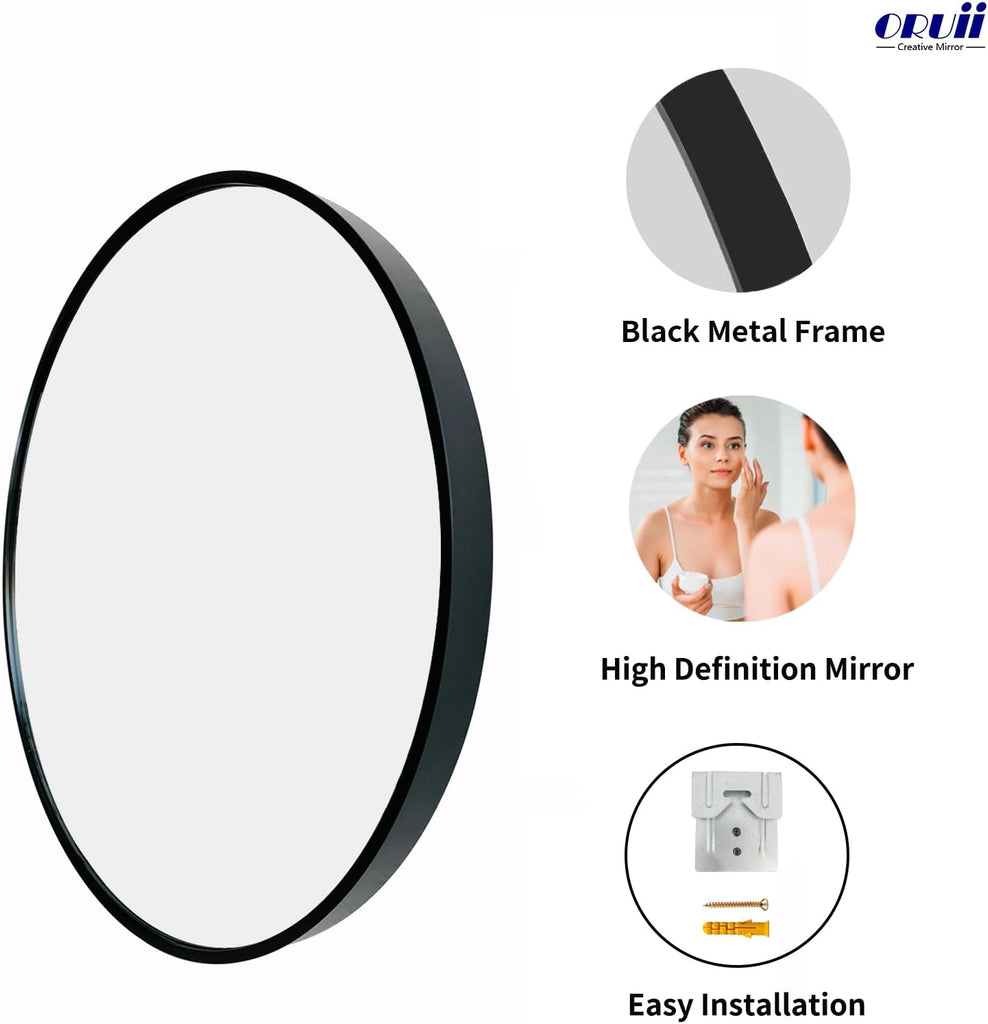 Round Mirror, Black Round Mirror 24 inch, Circle Wall Mirrors Metal Frame, Circular Mirrors for Wall, Living Room