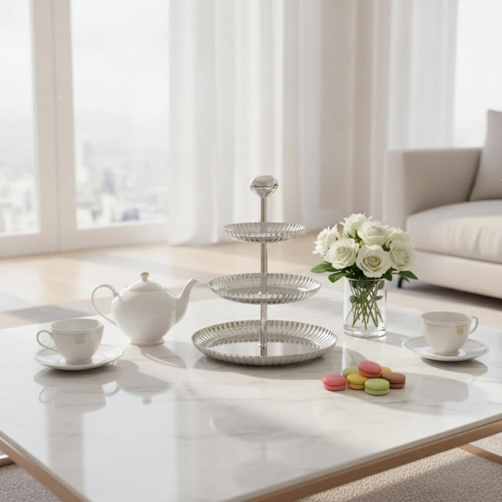 3 Tier Serving Tray Silver Tiered Serving Stand with Handle Mirrored Tiered Tray with Handle for Party Hosts, Pastry