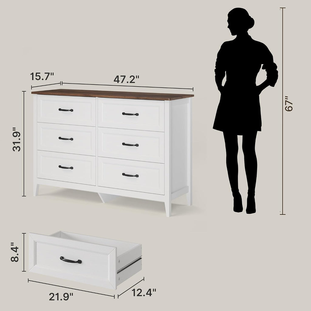 47.2" W Drawer Dresser, 6 Chest of Drawers, Dresser | Wooden Chest of Drawers with Ample Storage Space, Smooth Rail