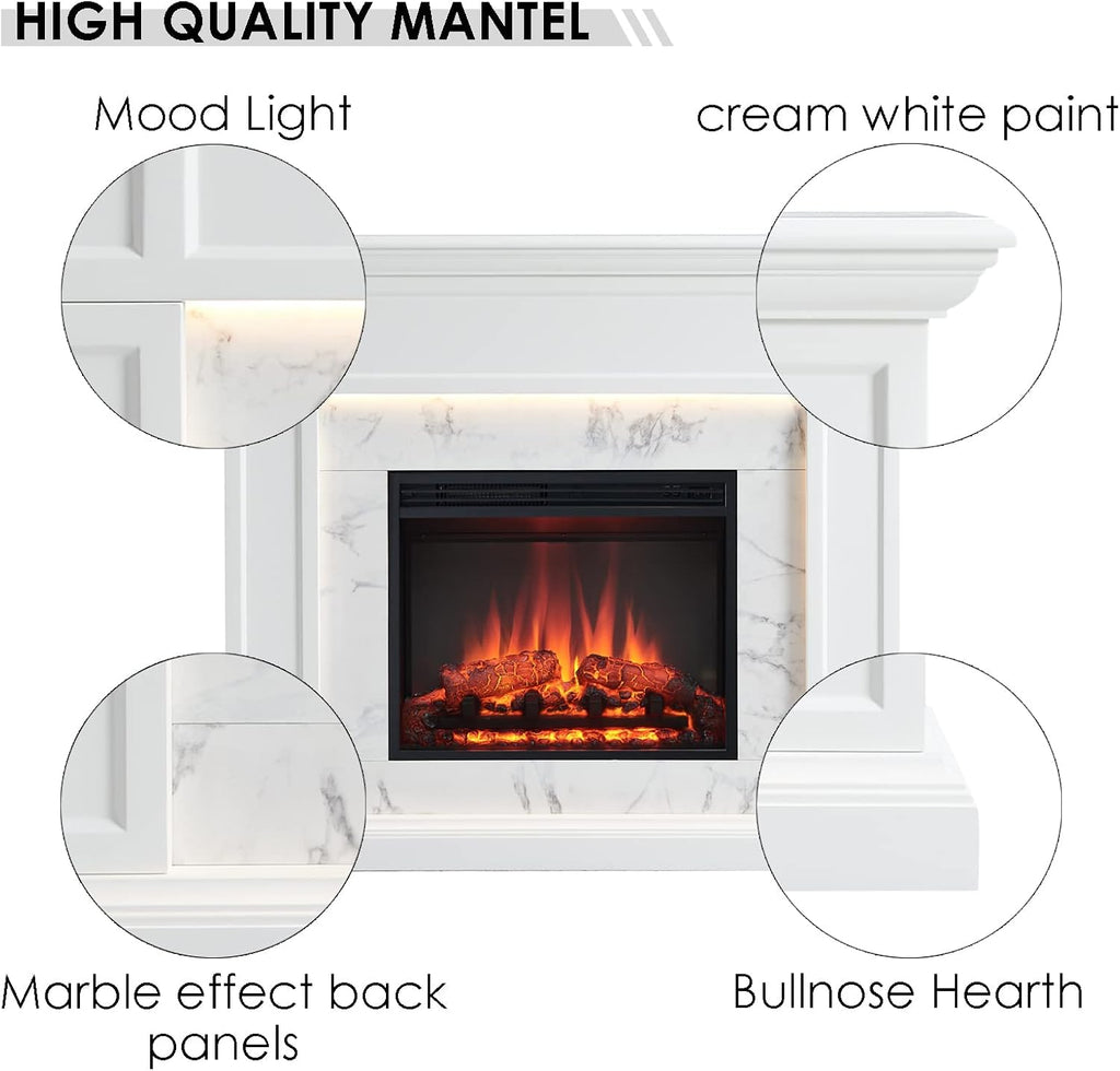 Fireplace Suite Sheraton, 48 Inch Mantel Surround, Cream White with Snow White Marble Pattern Finish