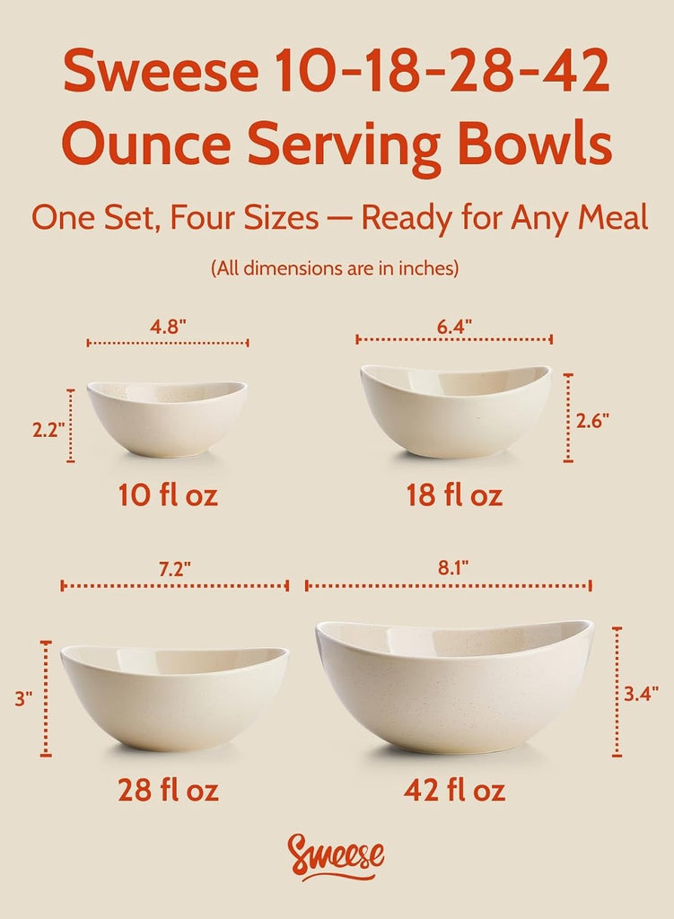 Porcelain Serving Bowls Set for Entertaining, Multipurpose 10-18-28-42oz, Beige