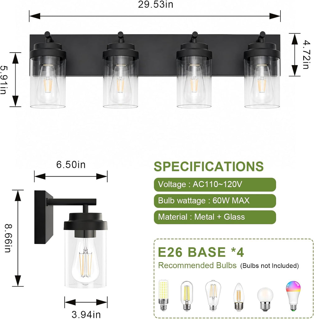 4-Light Bathroom Light Fixtures, Bathroom Vanity Wall Light | Modern Bathroom Lighting Fixtures Over Mirror, Vanity