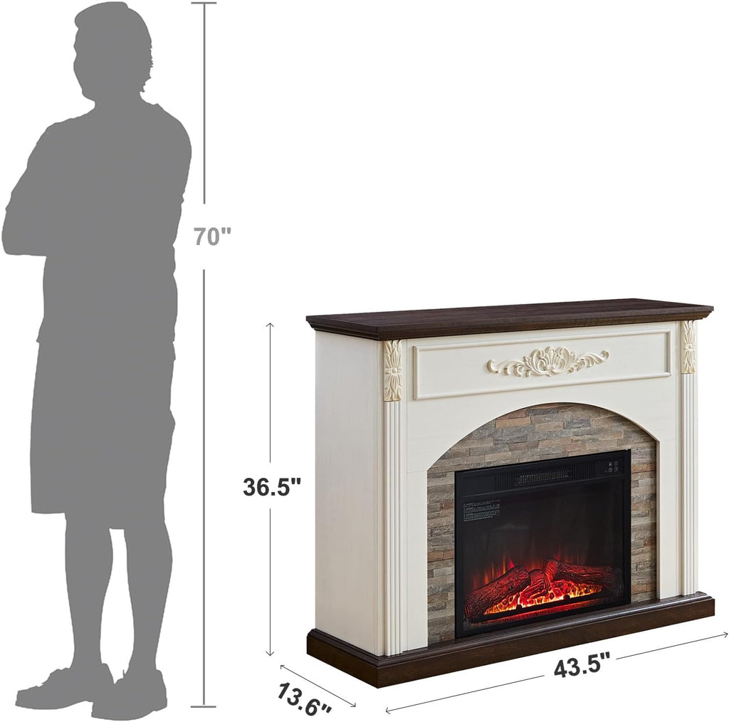 44Inch Electric Fireplace with Mantel, Farmhouse TV Stand with Electric Fire Place Heater, Stacked Stone