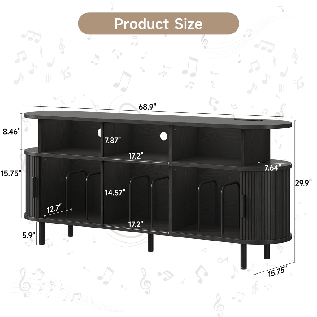 69" Large Round Record Player Stand with Charging Station, Black