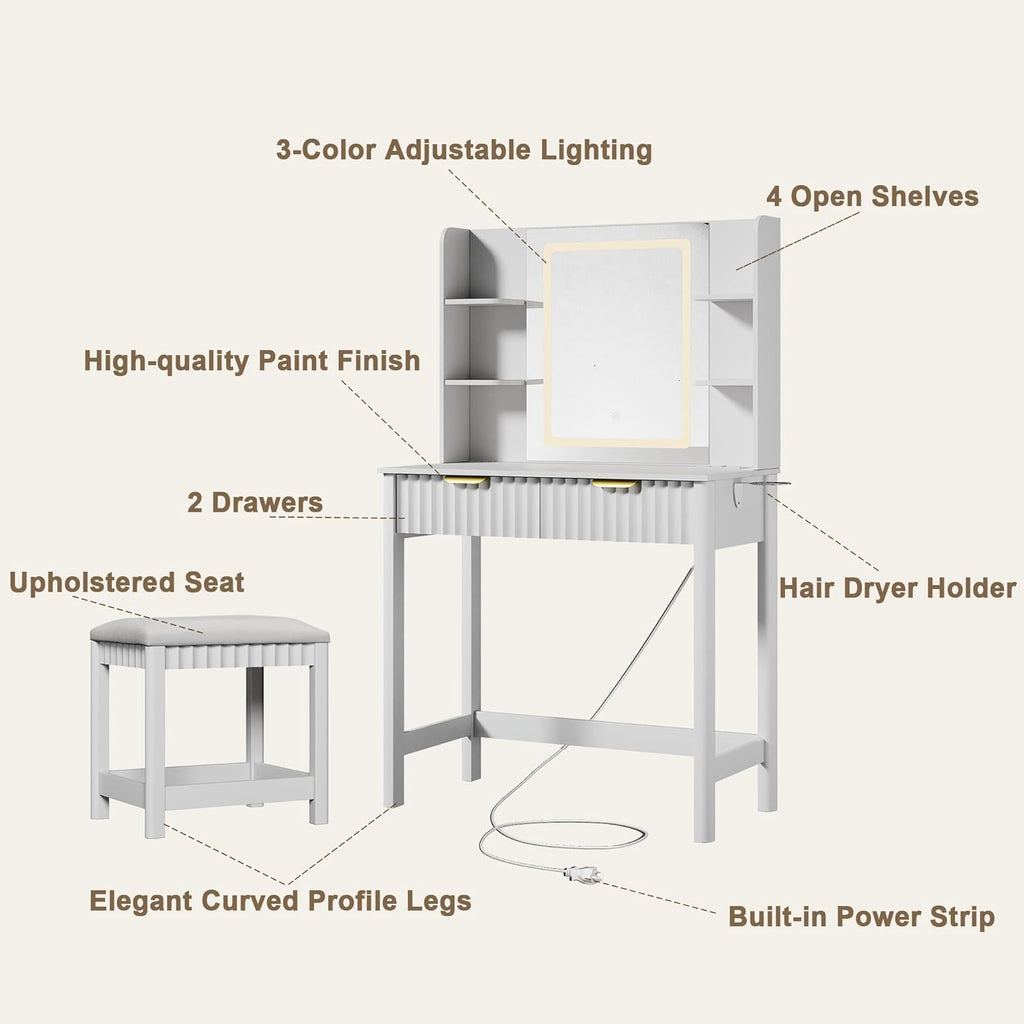 Vanity Desk with LED Mirror, 3 Lighting Modes and Chair | Small Makeup Vanity Table Set with Fluted Drawers, Dressing