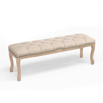 Bedroom Bench, French Vintage Tufted Entryway 52.5" Carving Upholstered End of Bed Bench with Distressed Wood Legs