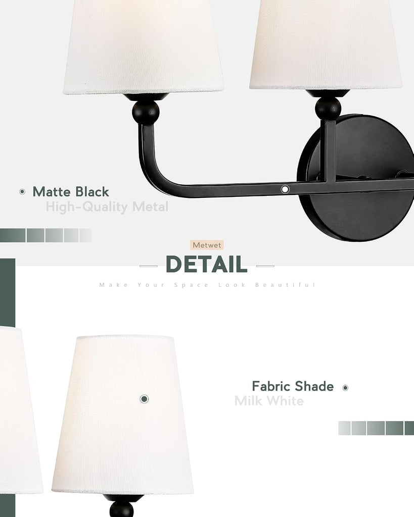 Bathroom Light Fixtures, Matte Black Vanity Lights with Flared White Fabric Shade, 3 Light Wall Sconce, Modern