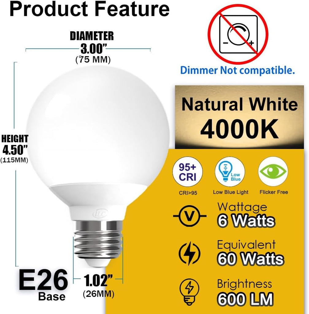 G25 Globe Light Bulbs, App-Controlled Vanity Light Bulbs via Bluetooth Mesh,1600 Million Colors, 600LM, 6W, 60W