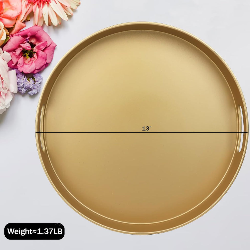 Round Gold Decorative Serving Tray with Handles, 13" Versatile Ottoman Tray for Coffee Table, Entertaining, Outdoor