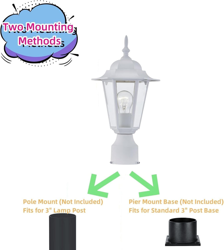 White Outdoor Post Light, Pole Lantern, E26 Base 60W Max, Aluminum Housing Plus Glass, Wet Location Rated