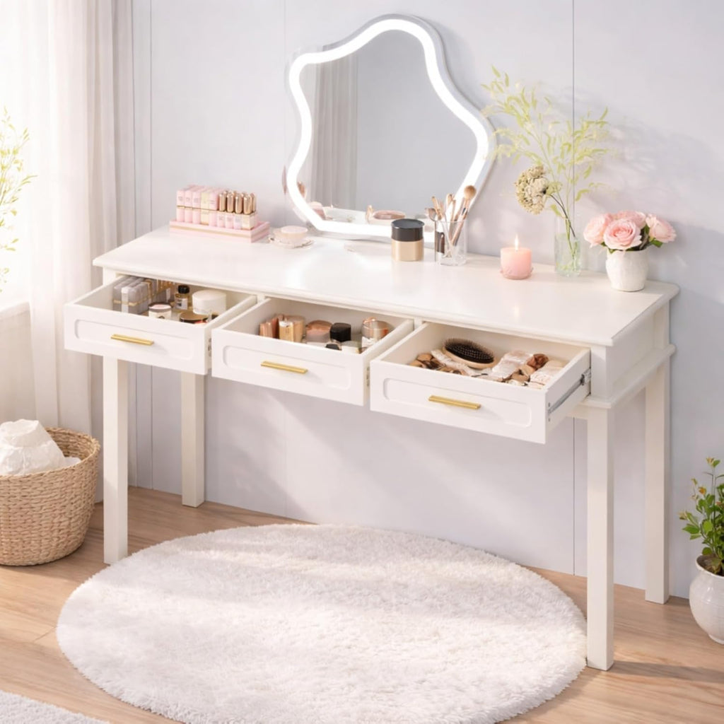Modern Vanity Desk Makeup Dressing Table w/3 Drawers &Spacious Tabletop for Girls, Solid Wood Writing Desk