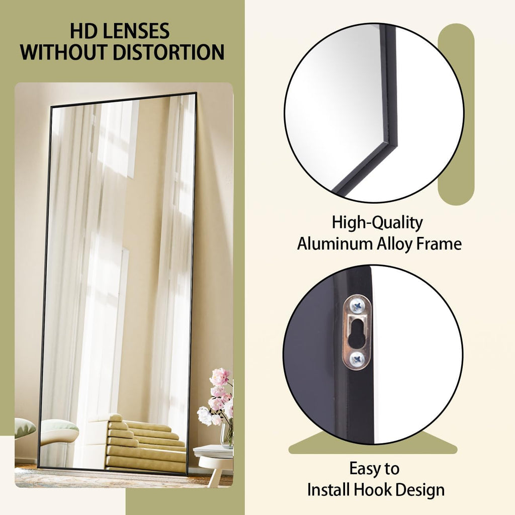 Full Length Mirror with Stand, 56"x21" Floor Mirror with Aluminum Alloy Thin Frame, ShatterVue Tempered Full Body