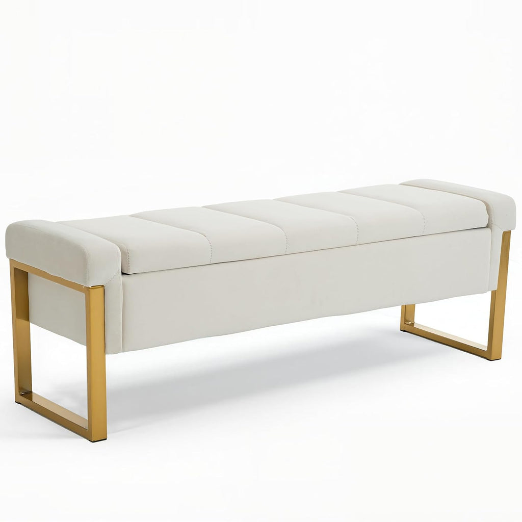 55" Tufted Storage Bench King Bed, Velvet Ivory White