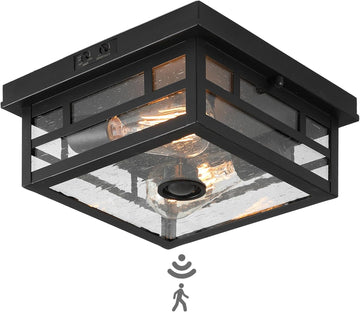 Outdoor Flush Mount Motion Sensor Ceiling Light - Timeless Industrial Design with Seeded Clear Glass for Your Porch