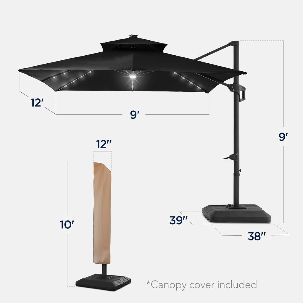 9x12ft LED Cantilever Patio Umbrella w/Base Included & 360° Rotation