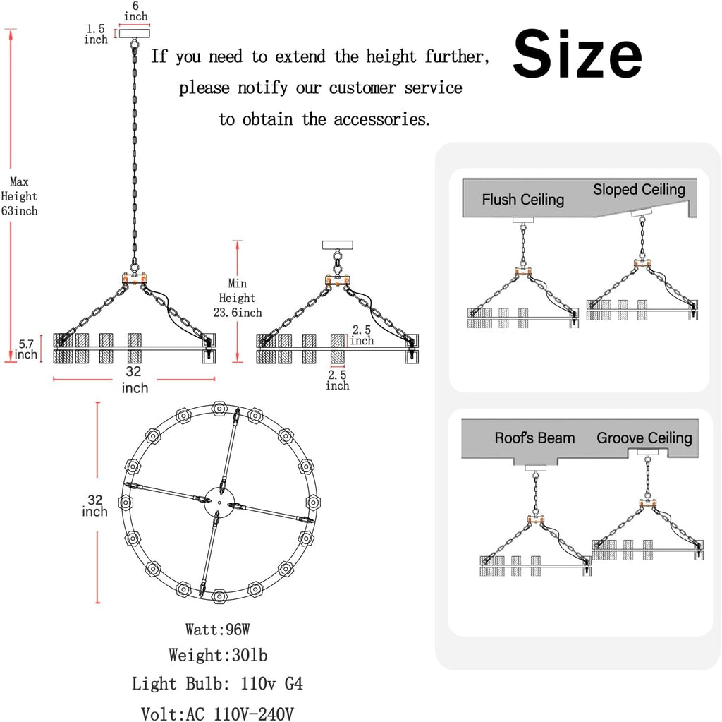 Inspired Arcachon Style Round Wagon Wheel Chandelier, 32" 32-Light Black, Extended 32" Chain — Foyer, Dining & Living Room
