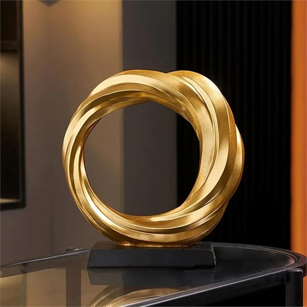 Modern Gold Resin Circle Sculpture, Abstract Design with Crystal Ball, 8.66 in Decorative Home Accent, or Entryway