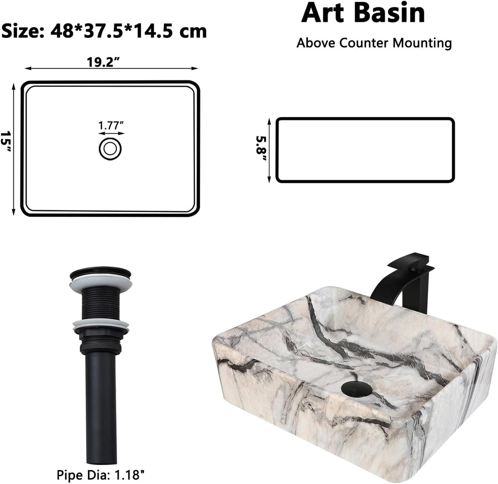 Bathroom 19"X15" Vessel Sink,Ceramic Vessel Sink with Faucet and Drain Combo Rectangular Small Sink Marble Vanity