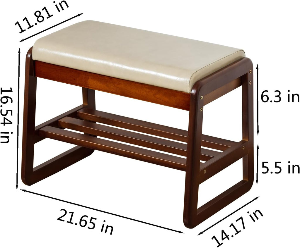 Shoe Bench with Storage - 2-Tier Entryway Bench, Solid Wood Shoe Rack with Cushion & Flip-Open Box, Mid-Century