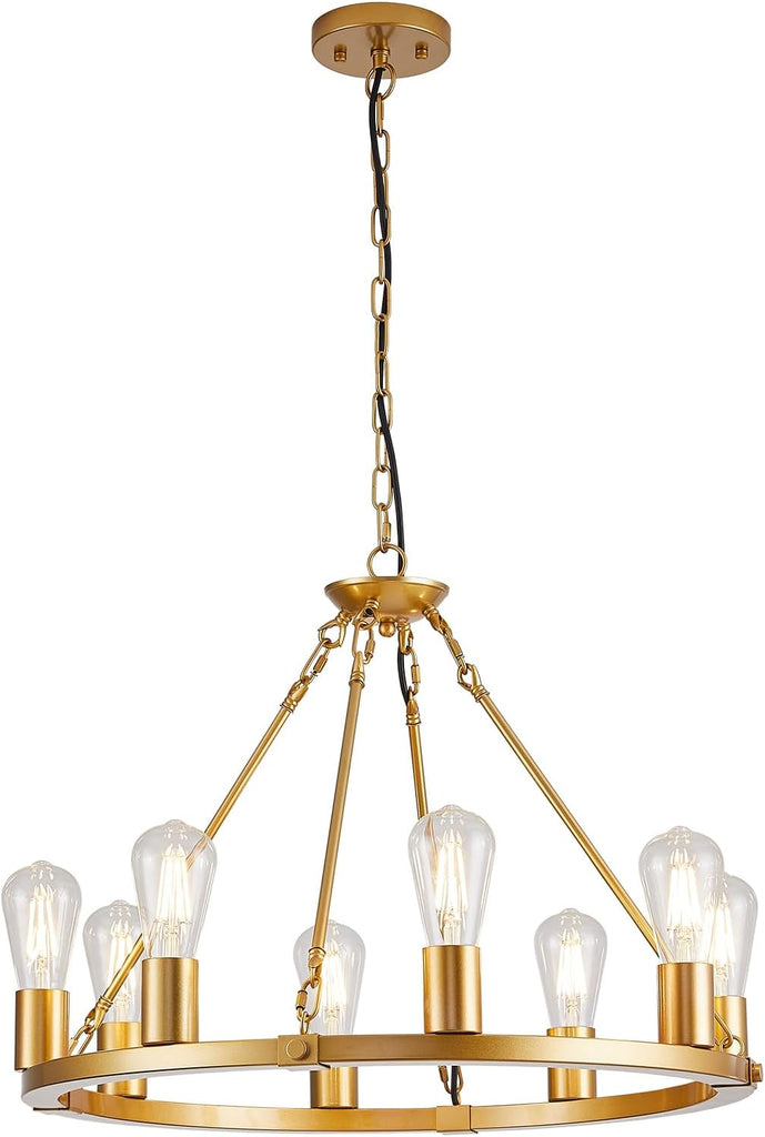 Inspired Camino Style Chandelier - Gold Wagon Wheel Chandelier, 8 Lights Dining Room Light Fixture,23.6" Golden Metal Kitchen Island Lighting Round Pendant Light Hanging Lamp for Foyer Living Room Entryway,Height Adjustable,E26