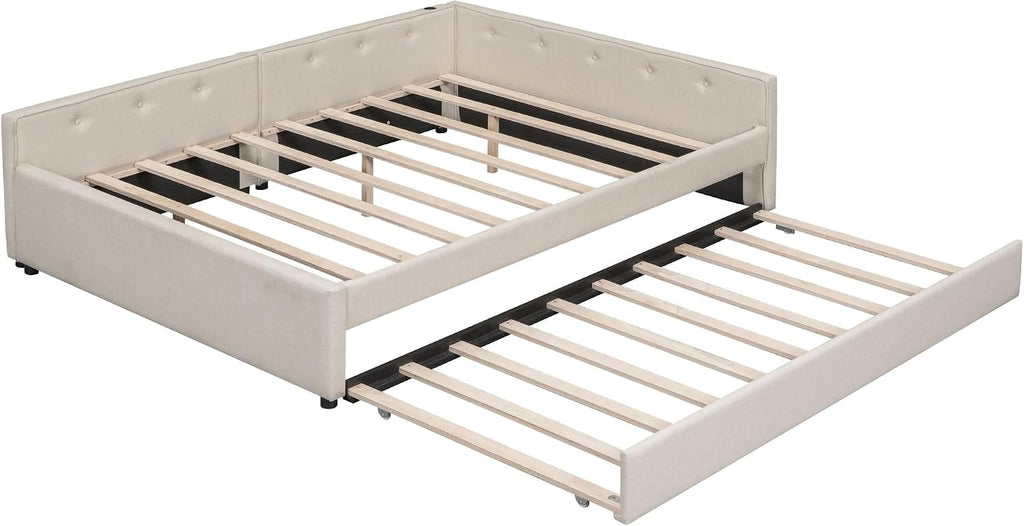 Queen Daybed with Pull Out Trundle, Linen Upholstered Bed with Built-in USB Ports, Solid Wood Day Bed Frame with Twin