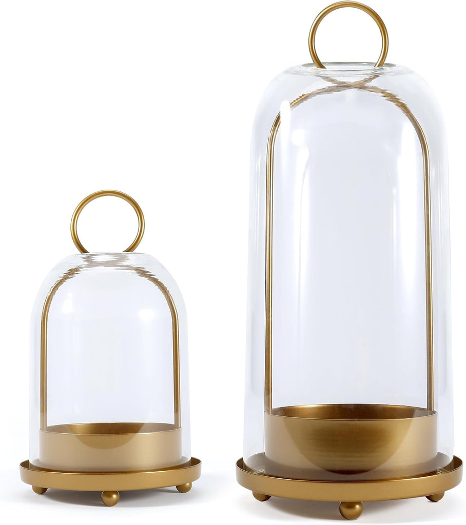 Hurricane Glass Candle Holders, Large & Medium Brass Lanterns Hurricane Candlestick Holder for Pillar Candles