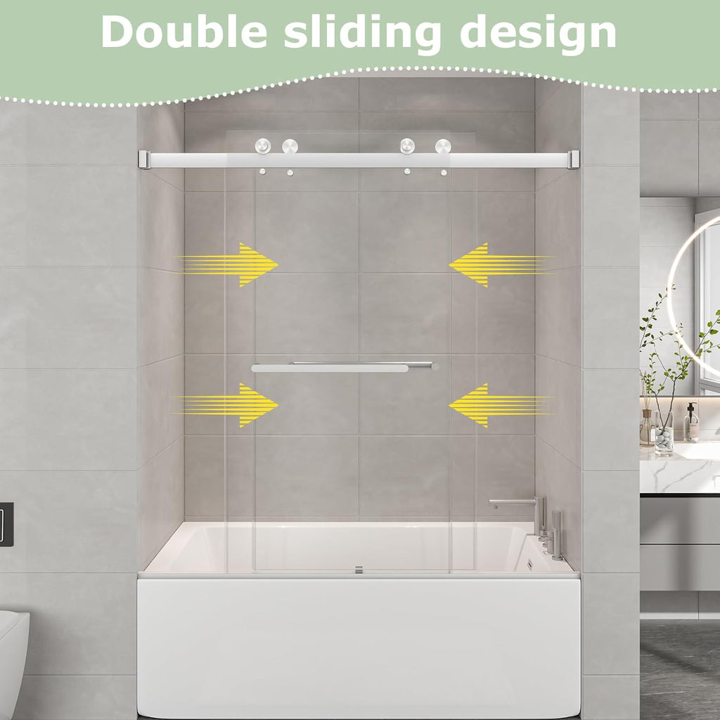 55"-60" W x 60" H Frameless Bathtub Shower Door, Double Sliding Shower Door, 5/16"(8mm) Clear Tempered Glass