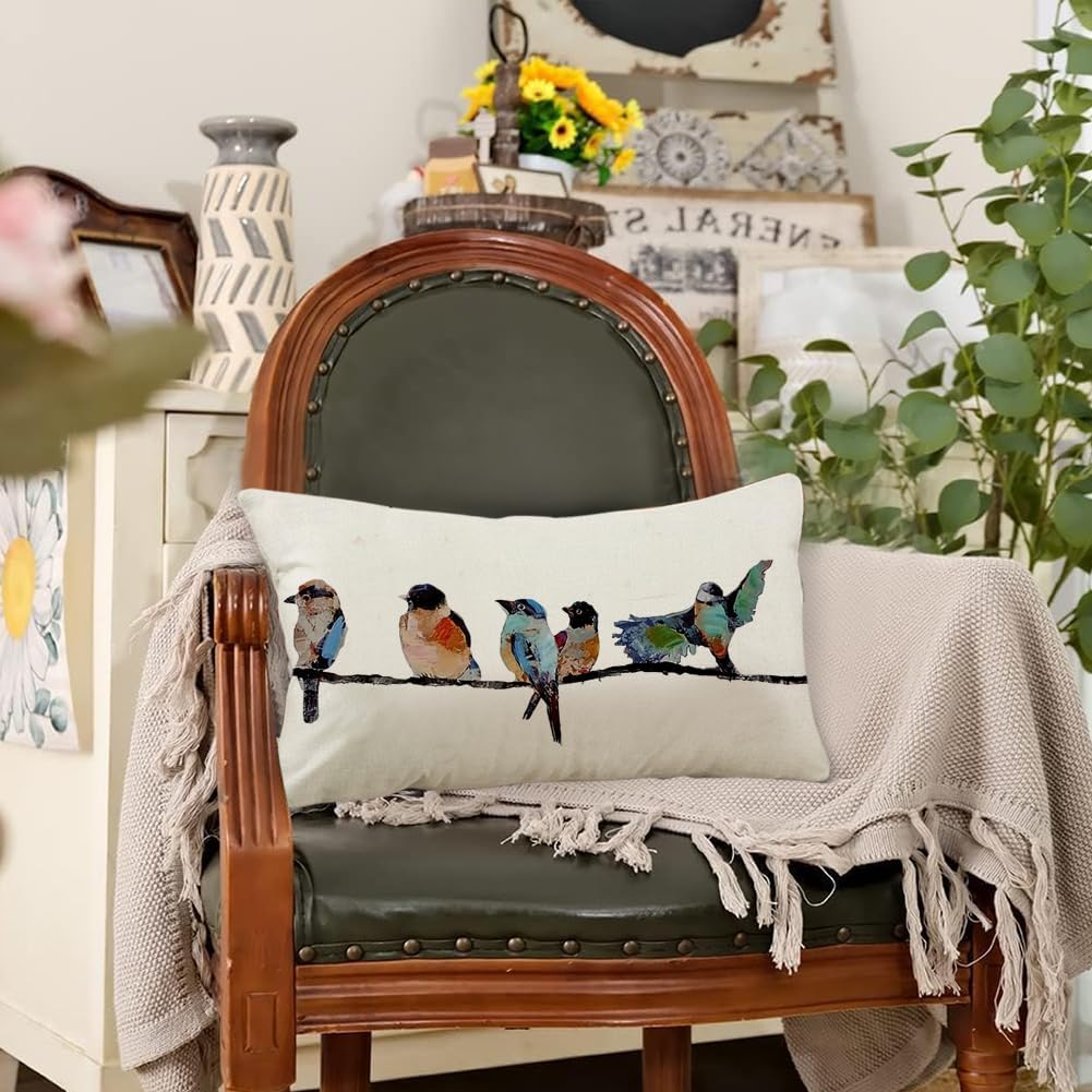12x20 Lumbar Pillow Decorative Throw Pillows,Small Hand-Painted Outdoor Birds Pillowcases,Spring Summer Pillows
