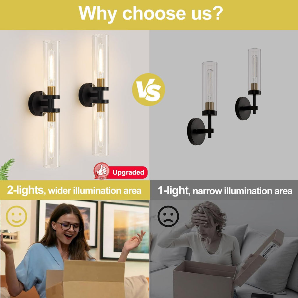 Hardwired Wall Sconces Set of Two, 22" Black and Gold Bathroom Sconces with Clear Glass, Modern Sconces Wall Decor