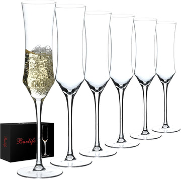 Champagne Flutes Set of 6 - Hand Blown Crystal Champagne Glasses With Long Stem - 7 oz Elegant Sparkling Wine