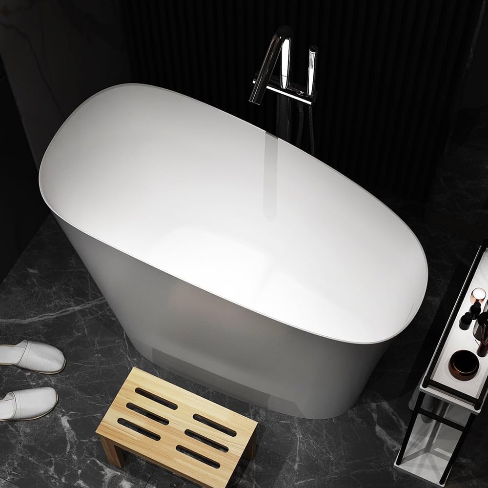 Japanese Bathtub,47" Freestanding Japanese Soaking Tub, White Stone Resin Deep Tub with Built-in Seat, Modern Oval