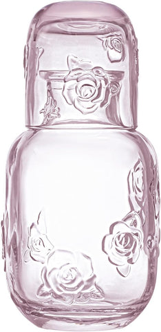 15 Oz Rose Embossed Pink Glass Bedside Night Water Carafe with Tumbler Glass.