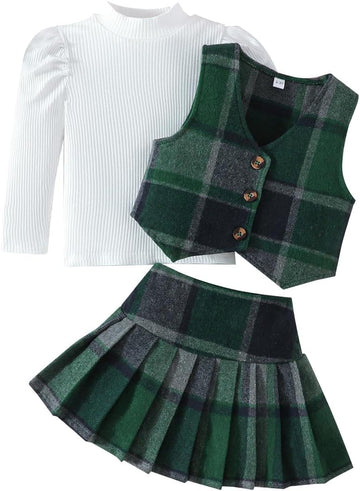 Toddler Girls Fall Outfits Knit Rib Shirt Tops Button Down Vest Plaid Skirt Set Winter Holiday Clothes
