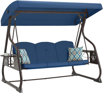 3-Seat Patio Porch Swing 800LBS Outdoor Swing with Stand w/Canopy & Adjustable Backrest Patio Glider Chair