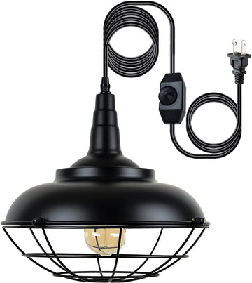 Plug In Hanging Light Fixtures, Black Cage Plug In Pendant Light, Metal Outdoor Chandelier for Gazebo Porch