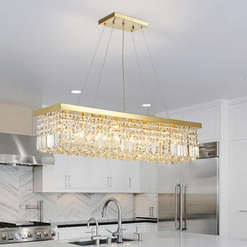 8-Lights K9 Crystal Chandelier for Dining Room, Rectangular Pendant Light Fixture for Kitchen Island, Raindrop Chandelier, X-Large Size, Chain Adjustable