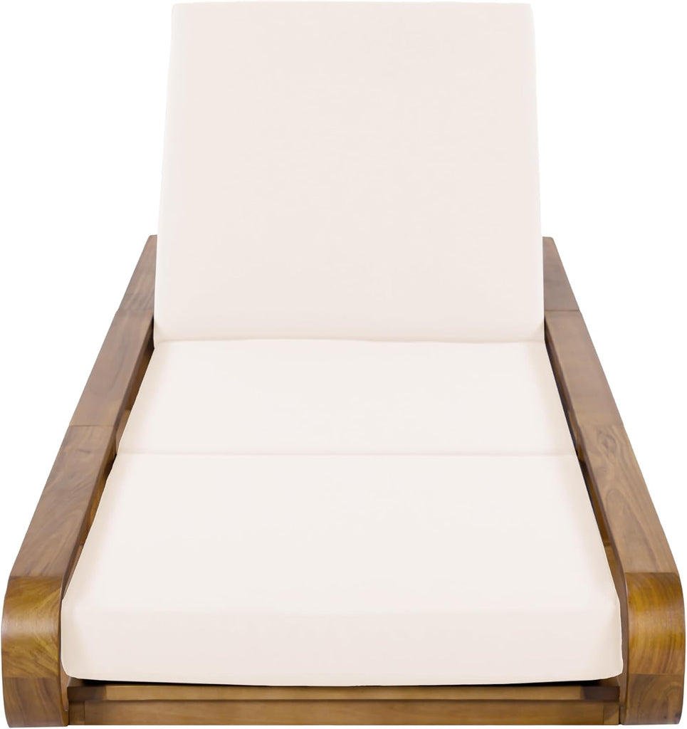 Teak Finish Acacia Wood Chaise Lounge - 1 Pcs Frame + 1 Pcs 4" 3-Fold Cream Water-Resistant Cushion, 400lbs Capacity