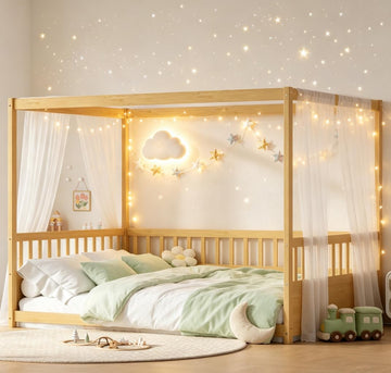 Full Canopy BedFrame, Wood Montessori House Floor Bed, Canopy Platform Bed for Kids, Natural