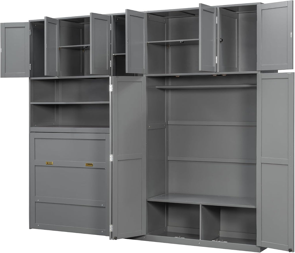 Twin Murphy Cabinet Bed with Wardrobe & 5‑Tier LED Display Shelf, Space-Saving Foldable Wall Bed with Storage Shelves