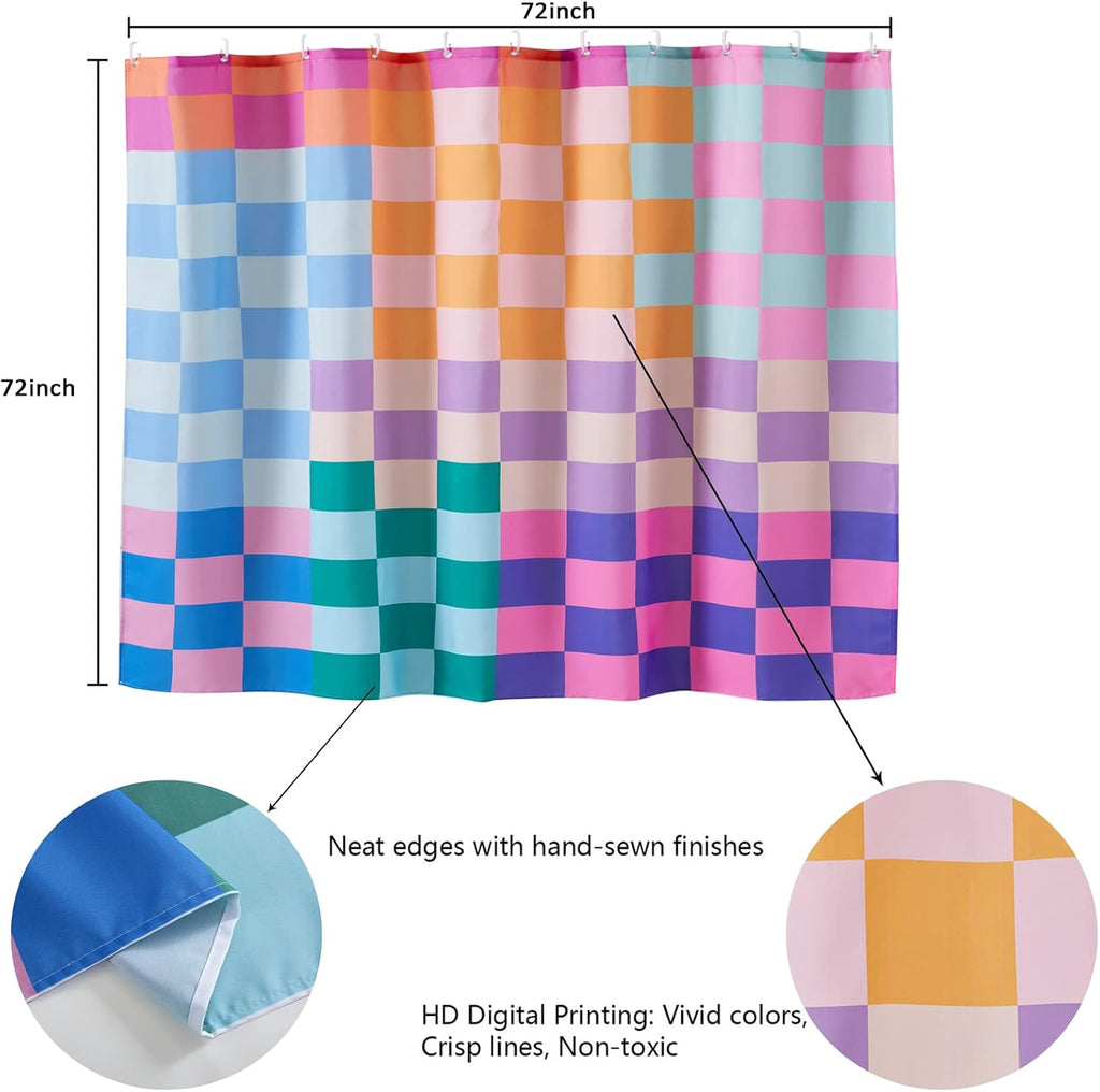Multicolored Checkered Retro Fabric Shower Curtain Extra Long 72 Inches Length, Bright Rainbow Colorful Modern Simple