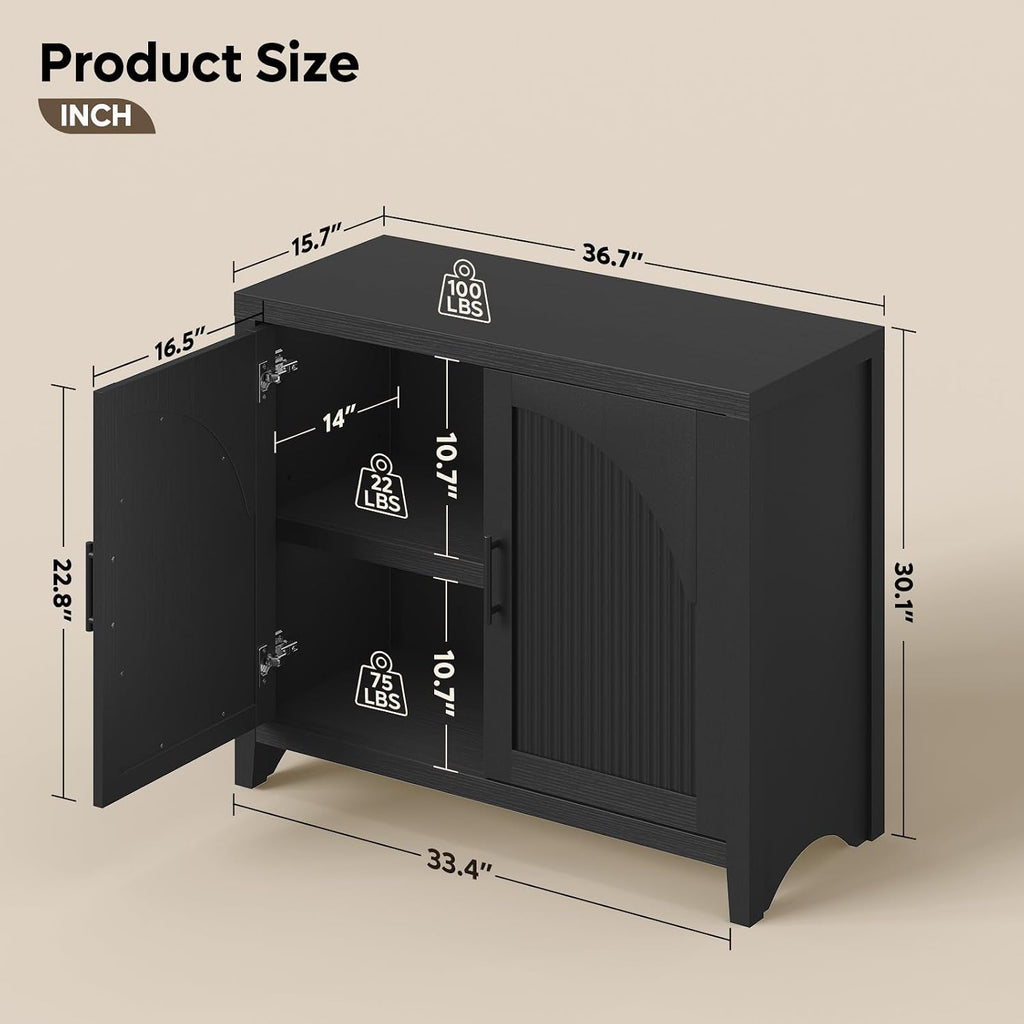 37" Modern Fluted Sideboard Buffet Cabinet with Storage, Black Oak | Small Wooden Modular Storage Cabinet, Adjustable